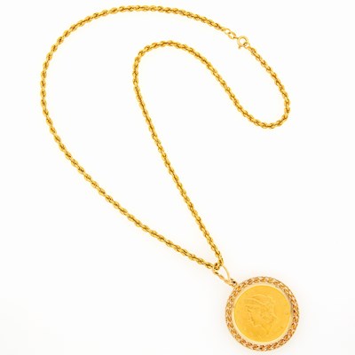 Lot 2170 - Gold and United States Gold Coin Pendant with Long Rope-Twist Gold Chain Necklace