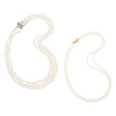 Lot 2216 - Multistrand Cultured Pearl Necklace with White Gold and Diamond Clasp and Double Strand Freshwater Pearl Necklace with Gold-Filled Clasp