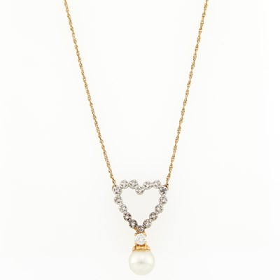 Lot 2105 - Two-Color Gold, Cultured Pearl and Diamond Heart Pendant with Silver Chain Necklace