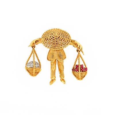 Lot 2147 - Two-Color Gold, Ruby and Diamond Rice Farmer Brooch