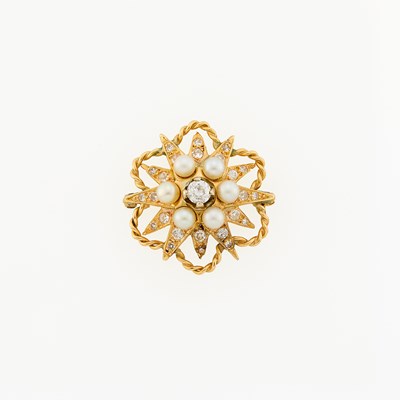 Lot 2185 - Gold, Diamond and Cultured Pearl Star Brooch