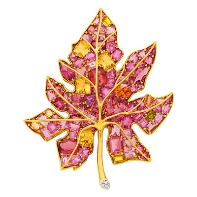 Lot 75 - Verdura Gold, Colored Stone and Diamond Maple Leaf Clip-Brooch, France