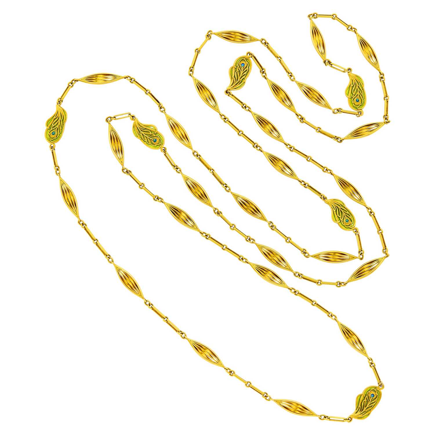 Lot 57 - René Lalique Art Nouveau Long Gold and Plique-à-Jour Enamel Chain Necklace, France