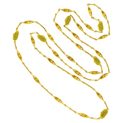 Lot 57 - René Lalique Art Nouveau Long Gold and Plique-à-Jour Enamel Chain Necklace, France