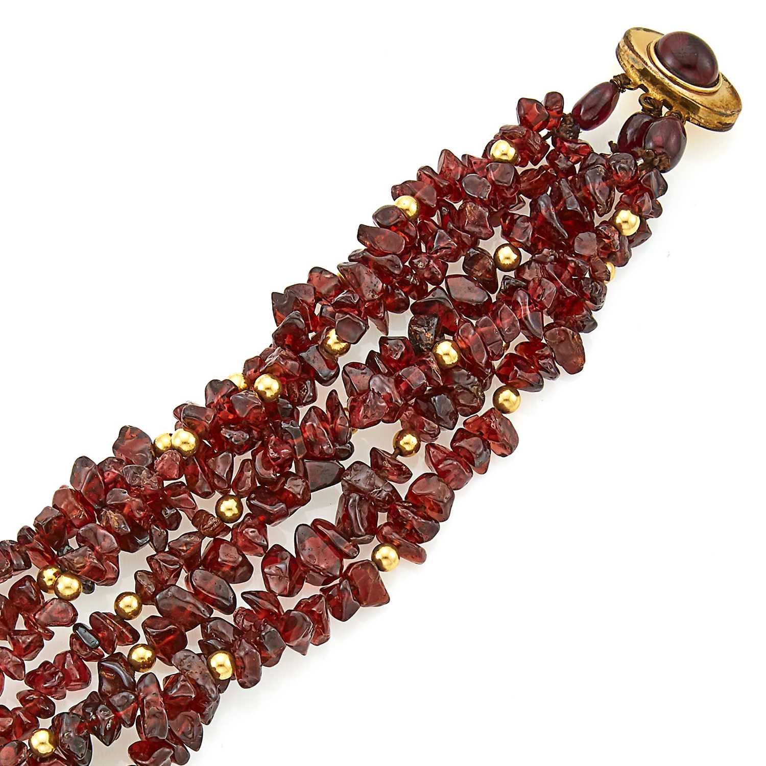 Lot 2173 - Multistrand Tumbled Garnet Bead and Gold-Filled Torsade Bracelet