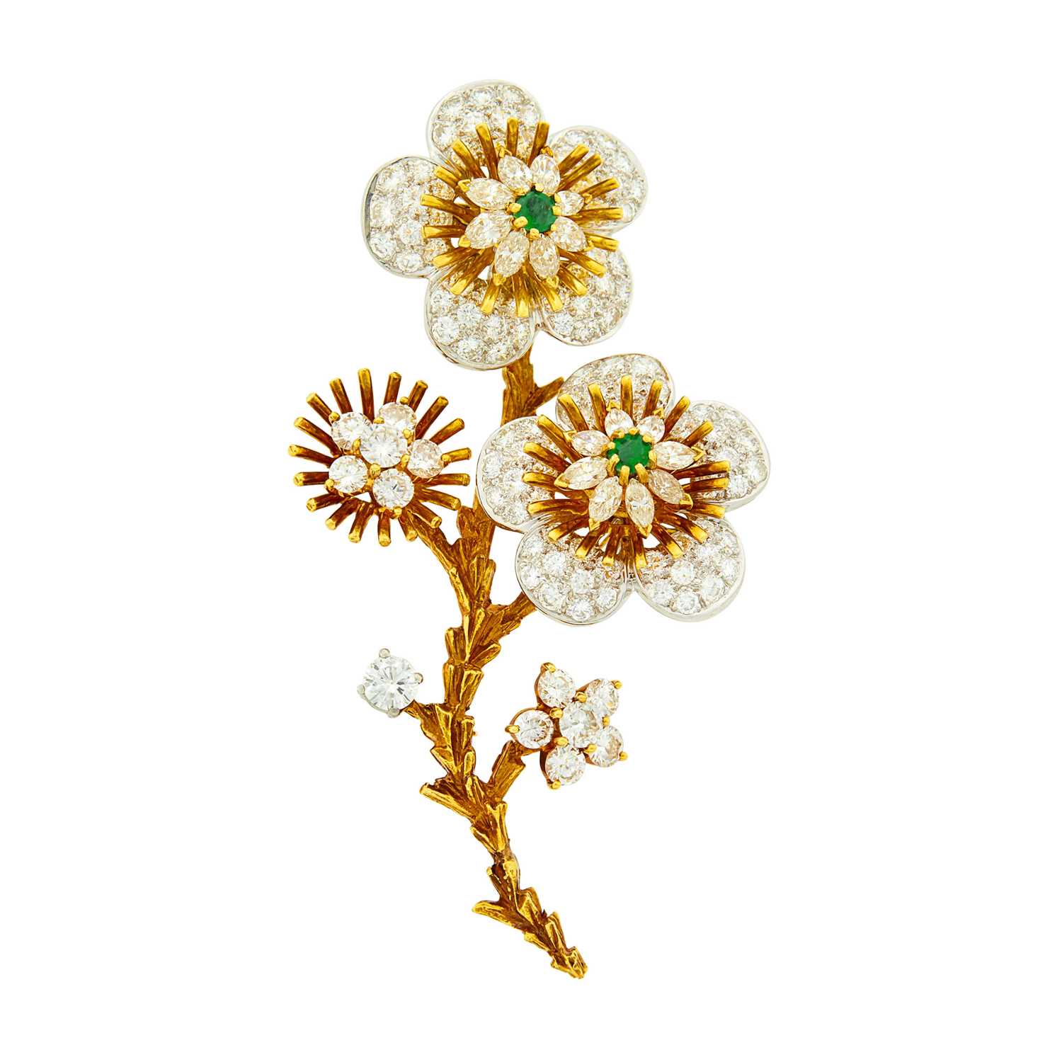 Lot 59 - Gold, Platinum, Emerald and Diamond Flower Clip-Brooch