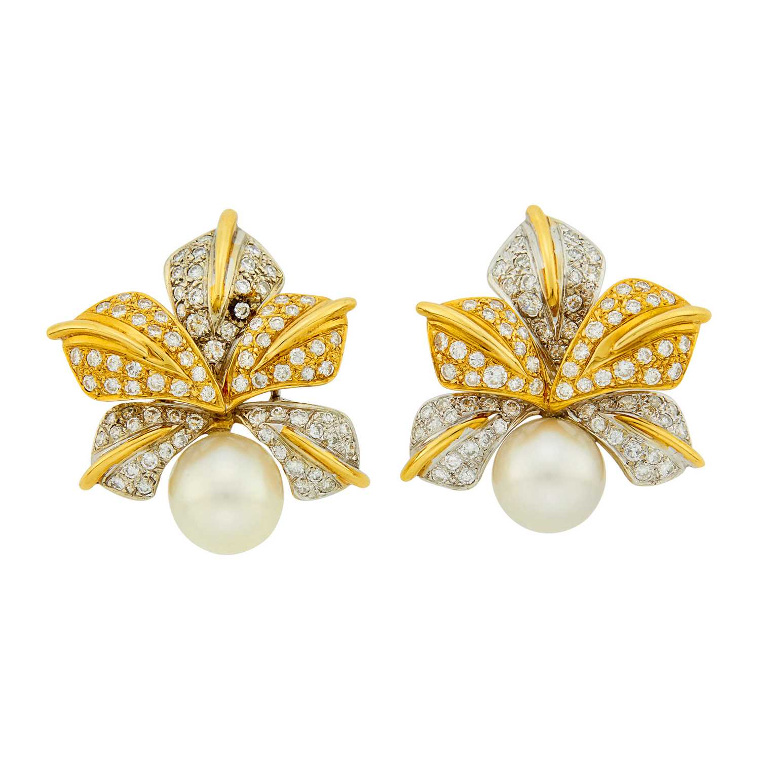 Lot 60 - Pair of Two-Color Gold, Cultured Pearl and Diamond Flower Earclips