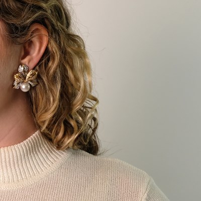 Lot 60 - Pair of Two-Color Gold, Cultured Pearl and Diamond Flower Earclips