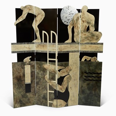 Lot 468 - Contemporary Four-Panel Painted, Silver Leafed and Lacquered Figural Double-Sided Screen