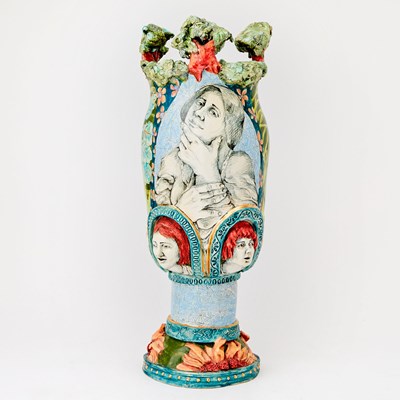 Lot 453 - Mary Lou Higgins Polychrome Decorated and Glazed Earthenware Vase Titled "Classical Remembrances"