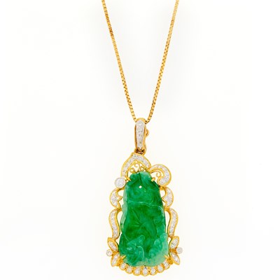 Lot 2146 - Two-Color Gold, Carved Jade and Diamond Pendant with Chain Necklace