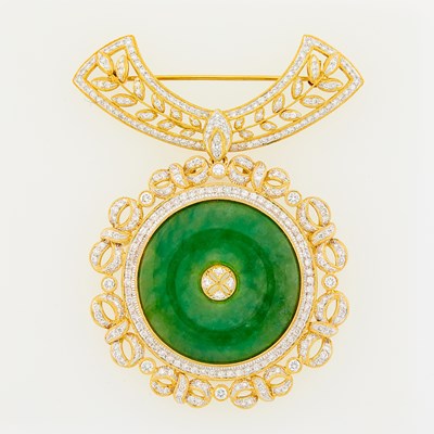 Lot 2148 - Gold, Jade and Diamond Pendant-Brooch