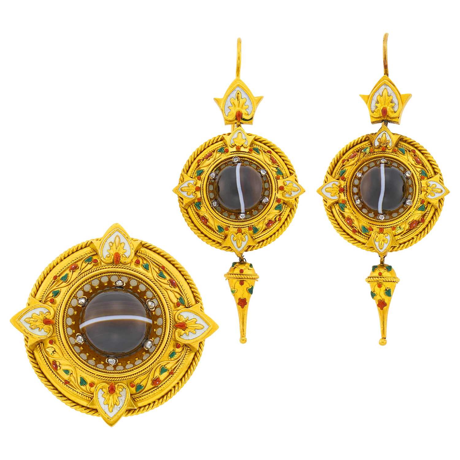 Lot 53 - Archaeological Revival Gold, Banded Agate, Enamel and Diamond Brooch and Pair of Pendant-Earrings