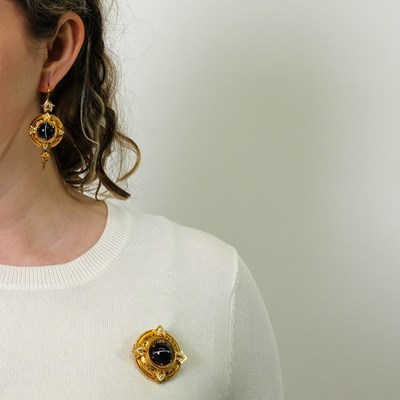 Lot 53 - Archaeological Revival Gold, Banded Agate, Enamel and Diamond Brooch and Pair of Pendant-Earrings