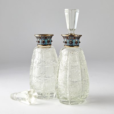 Lot 216 - Pair of Russian Style Enameled Silver Mounted Cut Glass Stoppered Bottles