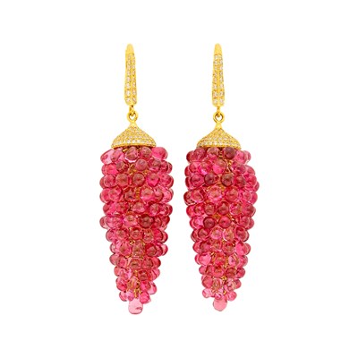 Lot 1129 - Pair of Gold, Pink Spinel Bead and Diamond Grape Cluster Pendant-Earrings