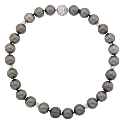 Lot 138 - Tahitian Gray Cultured Pearl, White Gold and Diamond Necklace