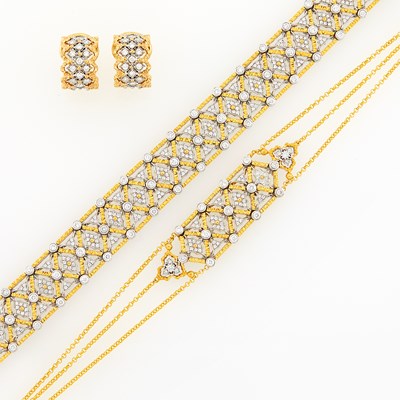 Lot 2161 - Two Two-Color Gold and Diamond Bracelets and Pair of Earrings