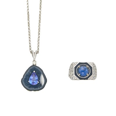 Lot 2095 - White Gold, Black Enamel, Cabochon Sapphire, Sapphire and Diamond Ring and Geode and Tanzanite Pendant-Necklace