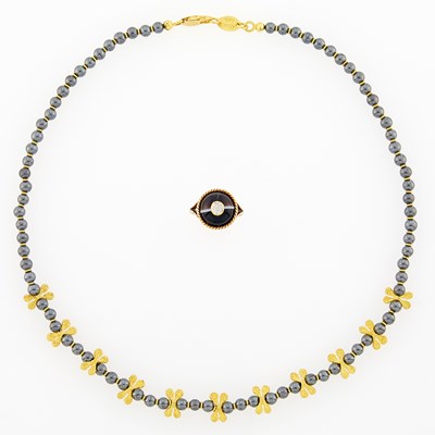 Lot 2232 - Hematite Bead and Gold Necklace and Antique Low Karat Gold, Diamond and Banded Agate Ring