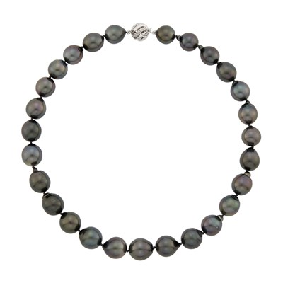 Lot 1281 - Tahitian Semi-Baroque Black Cultured Pearl Necklace with White Gold and Diamond Fluted Ball Clasp