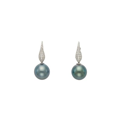 Lot 2100 - Pair of White Gold, Tahitian Gray Cultured Pearl and Diamond Pendant-Earrings