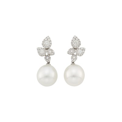 Lot 1060 - Pair of White Gold, South Sea Cultured Pearl and Diamond Pendant-Earrings