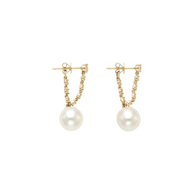 Lot 2043 - Pair of Gold, Cultured Pearl and Diamond Pendant-Earrings