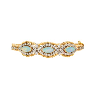 Lot 151 - Gold, Opal and Diamond Bamboo Bangle Bracelet