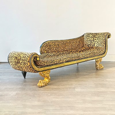 Lot 1097 - Classical Gilt and Ebonized Wood Upholstered Recamier