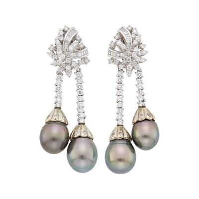 Lot 1180 - Pair of Platinum, White Gold, Tahitian Gray Cultured Pearl and Diamond Pendant-Earrings