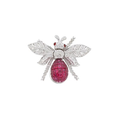 Lot 2280 - White Gold, Invisibly-Set Ruby, Cabochon Ruby and Diamond Bee Pin