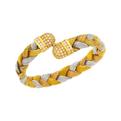 Lot 1089 - Tricolor Braided Gold and Diamond Bangle Bracelet