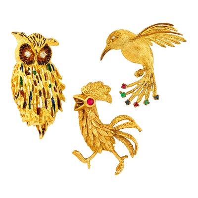 Lot 2304 - Three Gold, Enamel and Gem-Set Bird Brooches