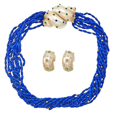 Lot 1208 - Trianon Ten Strand Lapis and Gold Bead Torsade Necklace with Shell, Emerald and Lapis Clasp and Pair of Shell, Split Pearl and Diamond Earclips