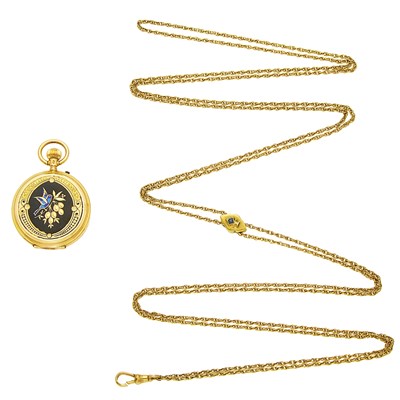 Lot 2248 - Gold and Enamel Hunting Case Pendant-Watch with Long Gold Slide Chain Necklace