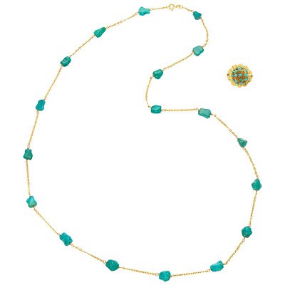 Lot 2065 - Gold and Tumbled Turquoise Bead Necklace and Ring