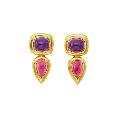 Lot 1197 - Pair of Gold, Cabochon Amethyst and Pink Tourmaline Pendant-Earclips