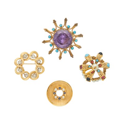 Lot 2298 - Three Gold and Simulated Gem-Set Brooches and Crown Pendant