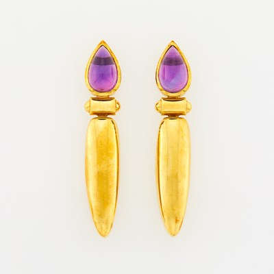 Lot 2013 - Pair of Gold and Cabochon Amethyst Pendant-Earrings