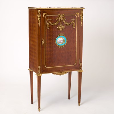 Lot 341 - Louis XVI Style Gilt-Metal and Porcelain Mounted Mahogany Cabinet on Stand