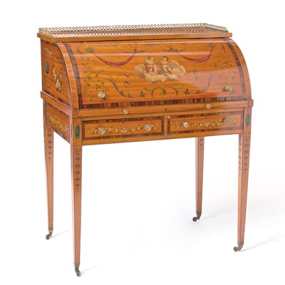 Lot 196 - Edwardian Style Paint Decorated Satinwood Cylinder Desk