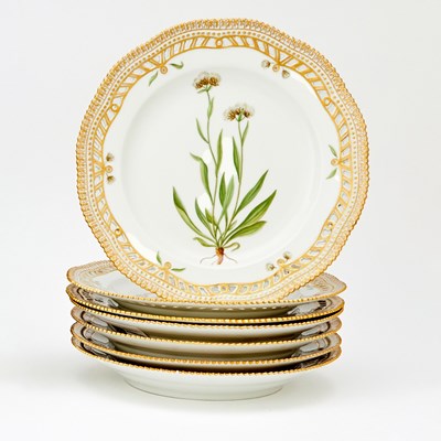 Lot 280 - Group of Seven Royal Copenhagen Gilt and Hand-Painted Porcelain Luncheon Plates