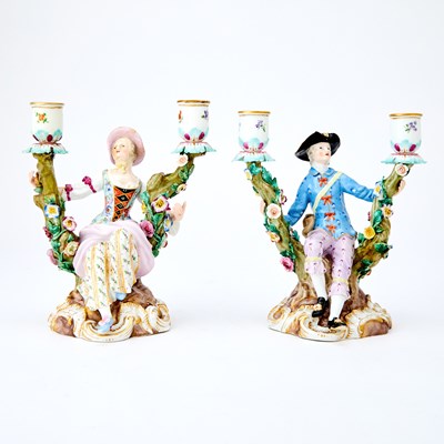 Lot 51 - Pair of Meissen Polychrome Decorated Porcelain Figural Two-Light Candelabra