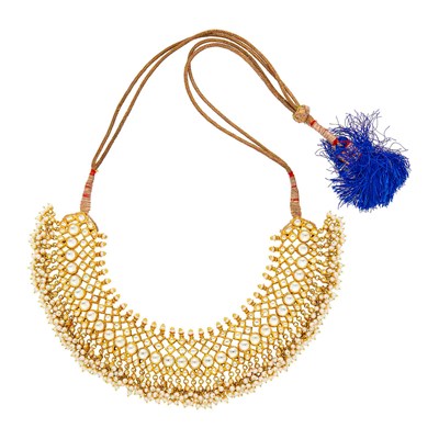 Lot 1032 - Indian Gold, Foil-Backed White Sapphire and Freshwater Pearl Fringe Necklace with Cord