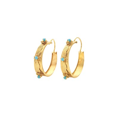 Lot 2208 - Pair of Gold and Turquoise Hoop Earrings