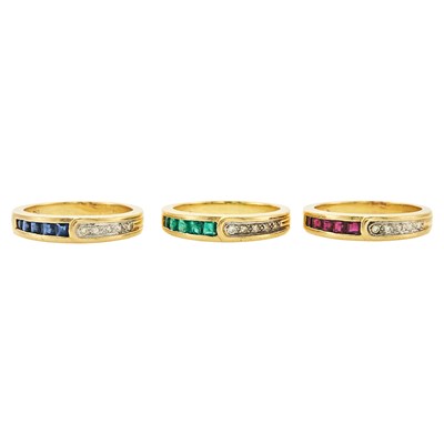 Lot 2178 - Three Gold, Emerald, Ruby, Sapphire and Diamond Band Rings