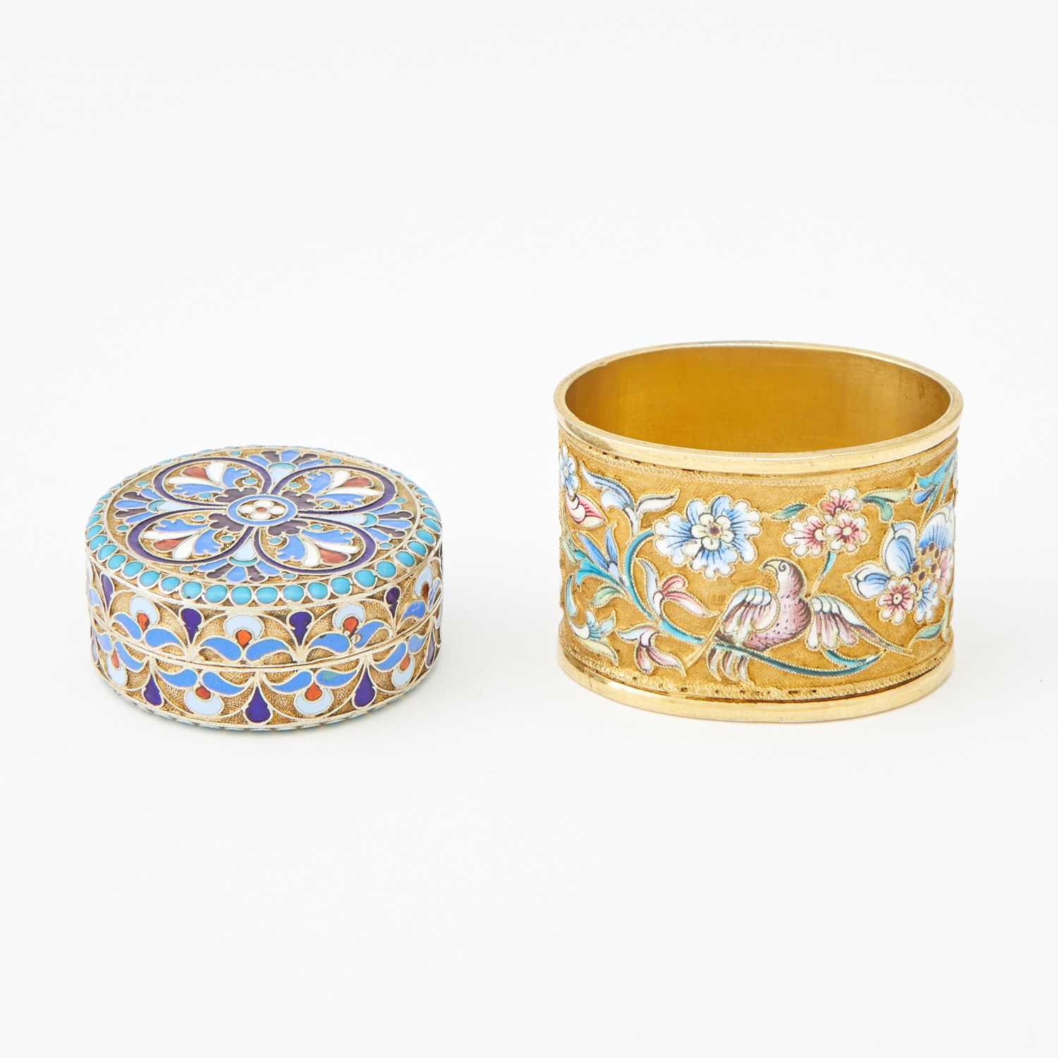 Lot 542 - Russian Silver-Gilt and Cloisonné Napkin Ring and Pill Box