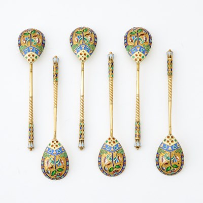 Lot 550 - Set of Six Russian Silver-Gilt and Cloisonné Enamel Spoons