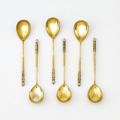 Lot 550 - Set of Six Russian Silver-Gilt and Cloisonné Enamel Spoons